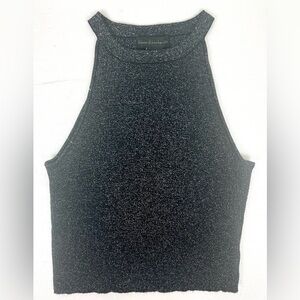 House of Harlow 1960 Metallic Crop Halter Ribbed Knit Tank Top